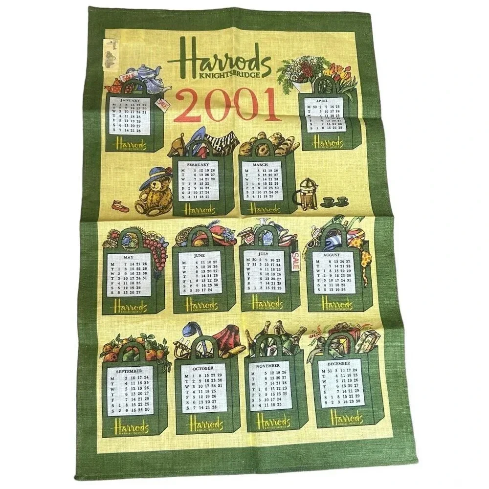 Harrods 100% Linen Calendar Tea Towel 2001 NWT